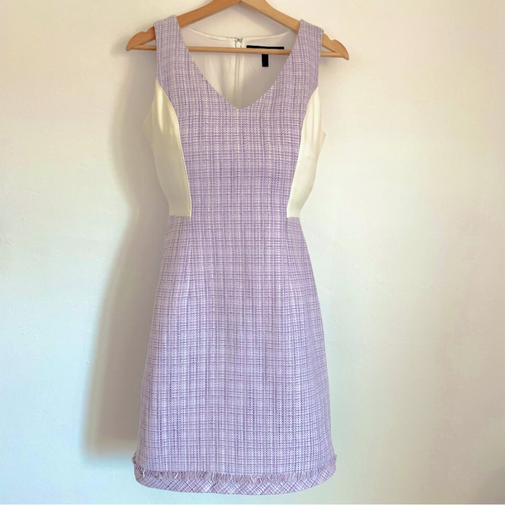 White House Black Market Purple Cream Tweed Sleeveless VNeck Dress Women’s Sm/2